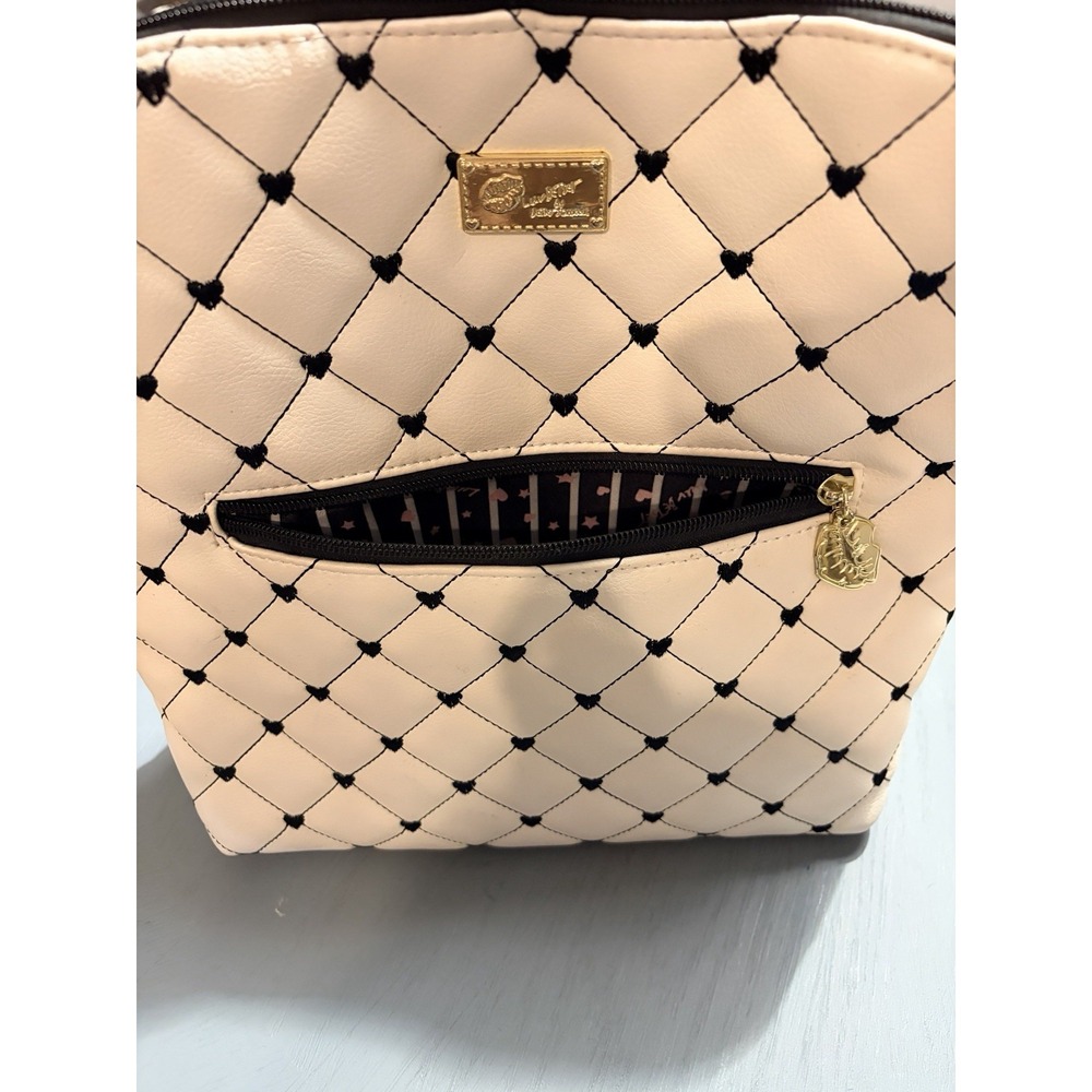 Betsey Johnson Backpack Purse White With Black Trim Gold Details - Picture 2 of 9